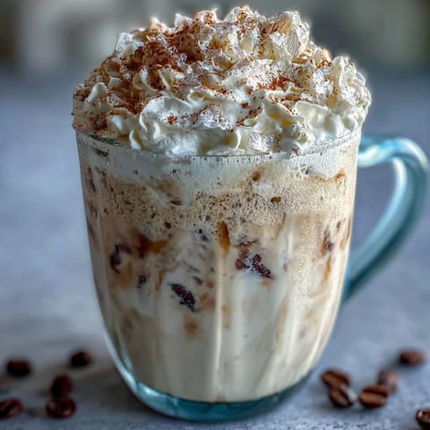Vanilla Bean Frappuccino Protein Shake in a tall glass, topped with whipped cream and a sprinkle of cinnamon.