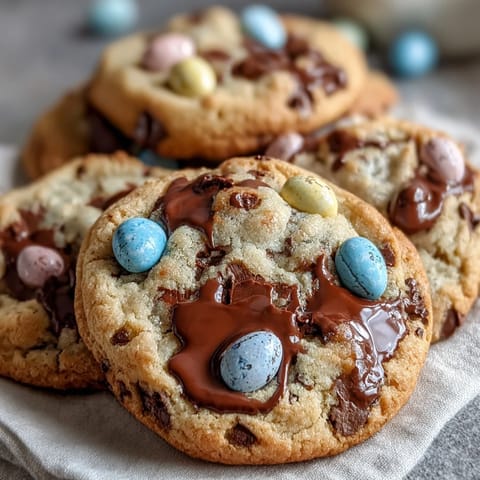 Chewy chocolate chip cookies with Cadbury Mini Eggs, loaded with colorful candy crunch and gooey chocolate chips.  
