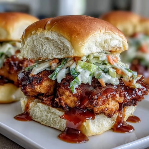 2. Shredded BBQ chicken with tangy coleslaw, served on toasted slider buns for a festive summer BBQ spread.