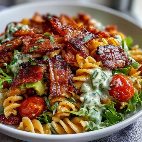 A vibrant BLT pasta salad with crispy bacon, ripe avocado, and fresh cherry tomatoes, perfect for summer picnics or potlucks.