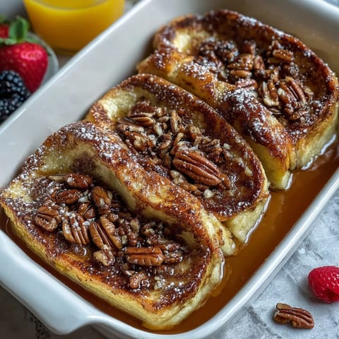 Fluffy pancake casserole baked golden and drizzled with maple syrup, ready for a cozy breakfast.  