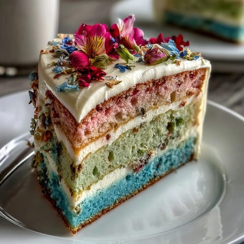 Pastel ombre spring cake with floral topper, showcasing soft gradient layers and a delicate edible flower crown for a festive dessert centerpiece.  