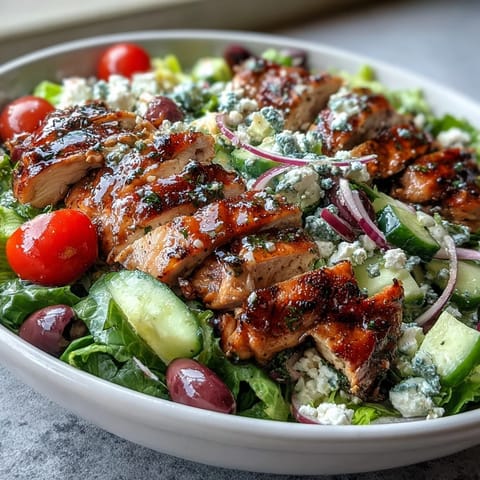 Fresh Mediterranean flavors shine in this colorful Greek salad bowl with grilled chicken and crisp vegetables.  