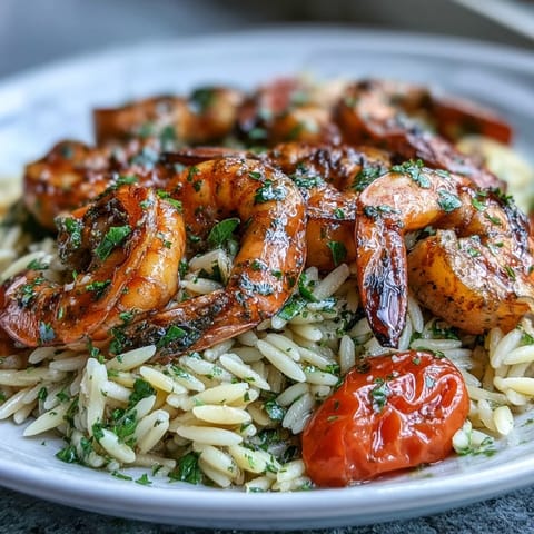 Vibrant lemon butter shrimp and orzo skillet with juicy shrimp, zucchini, and cherry tomatoes in a zesty one-pan meal.