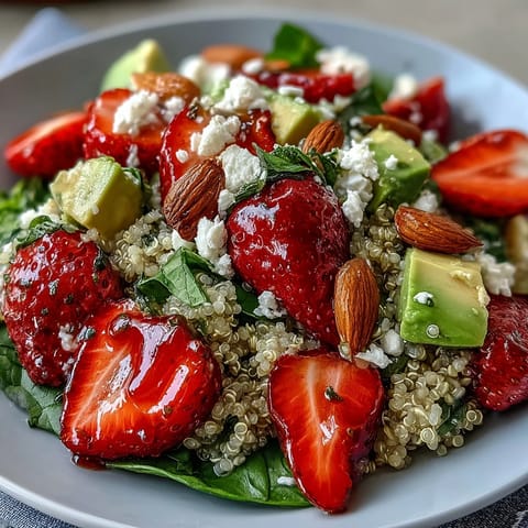 A vibrant strawberry avocado quinoa salad with fresh greens, creamy avocado, and juicy berries in citrus dressing.