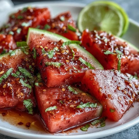Bright red watermelon wedges sprinkled with Tajin and lime create a vibrant, tangy treat bursting with Mexican-inspired flavor.  