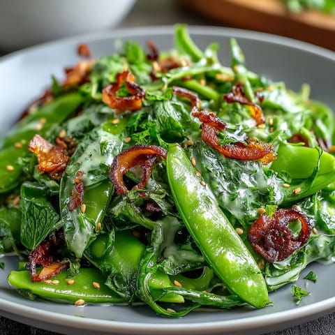 Crisp snap pea and radish salad with creamy tahini dressing, fresh mint, and sesame seeds for a vibrant spring dish.