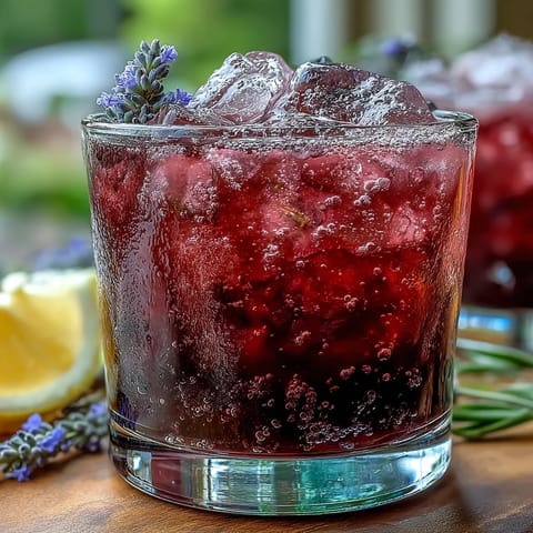 A vibrant glass of blackberry lavender lemonade fizz with fresh berries and a sprig of lavender on top.