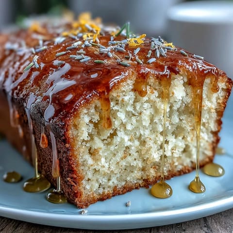Moist lemon lavender loaf cake topped with a glossy honey glaze, featuring fresh zest and floral notes.