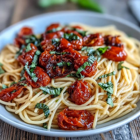 Cherry tomato confit pasta with garlic oil, glistening with sweet roasted tomatoes.