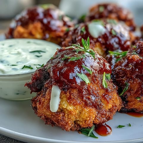 Crispy vegan BBQ cauliflower wings piled high with creamy ranch dip.