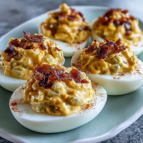 Platter of bright yellow sweet pickle relish deviled eggs ready to serve.