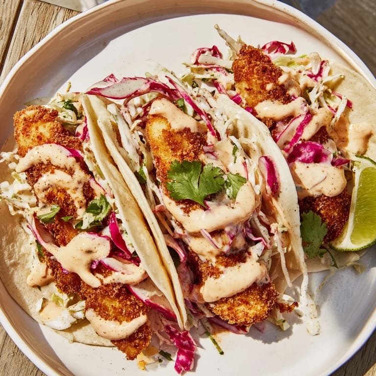 Warm corn tortillas hold flavorful fish tacos garnished with cilantro and a drizzle of sauce.