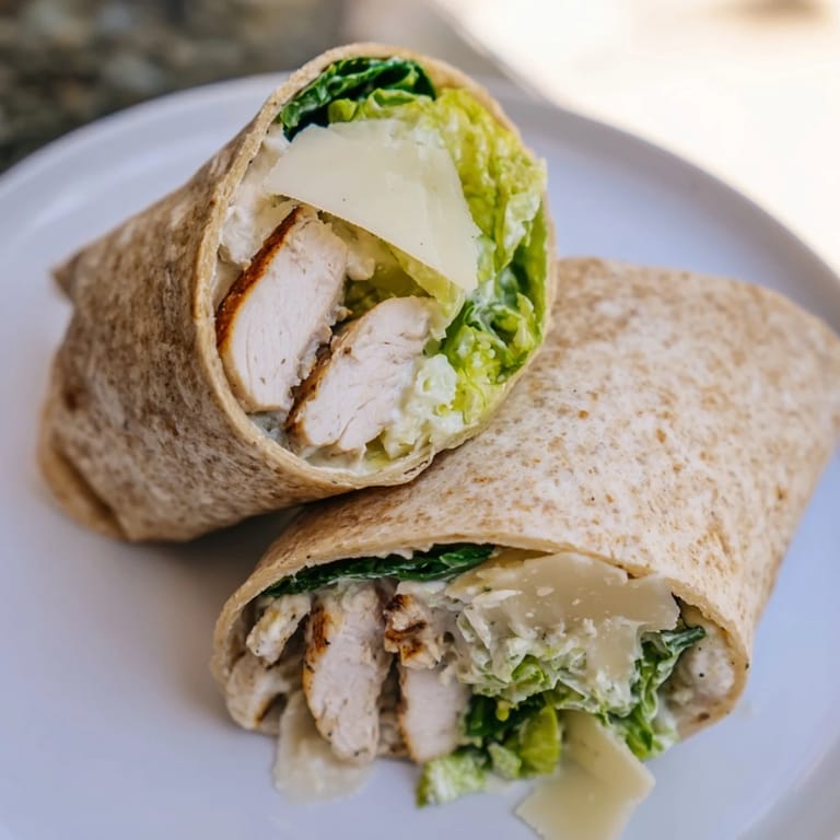 Perfectly rolled chicken Caesar wrap showcasing a creamy dressing and fresh, crisp lettuce.