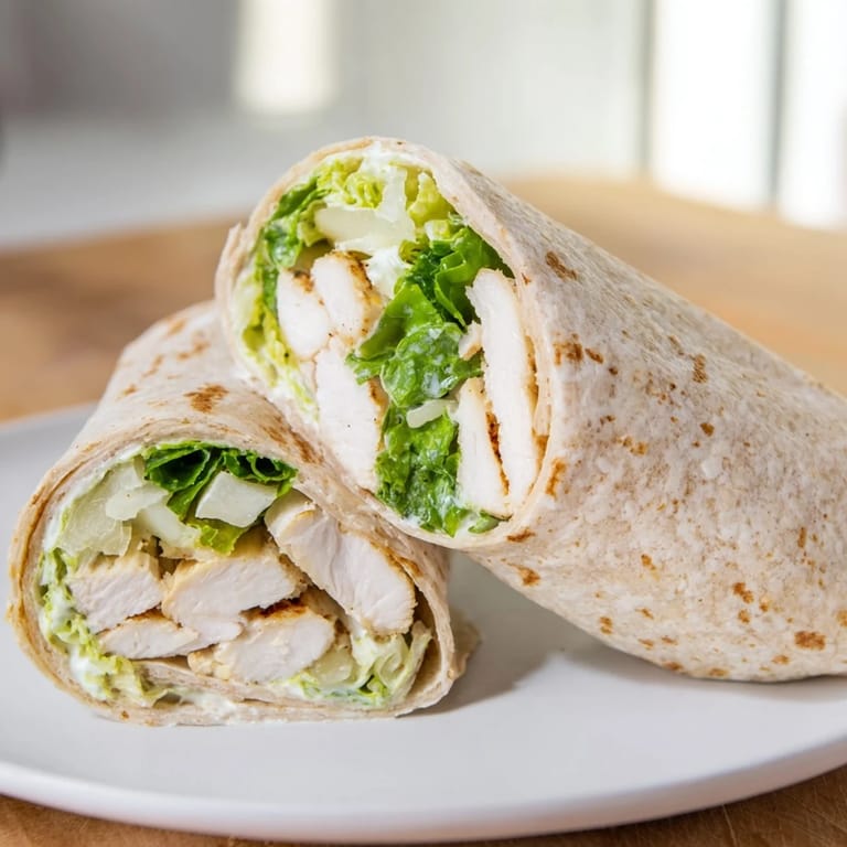 Savory sliced chicken and Parmesan cheese inside a hearty whole wheat chicken Caesar wrap.