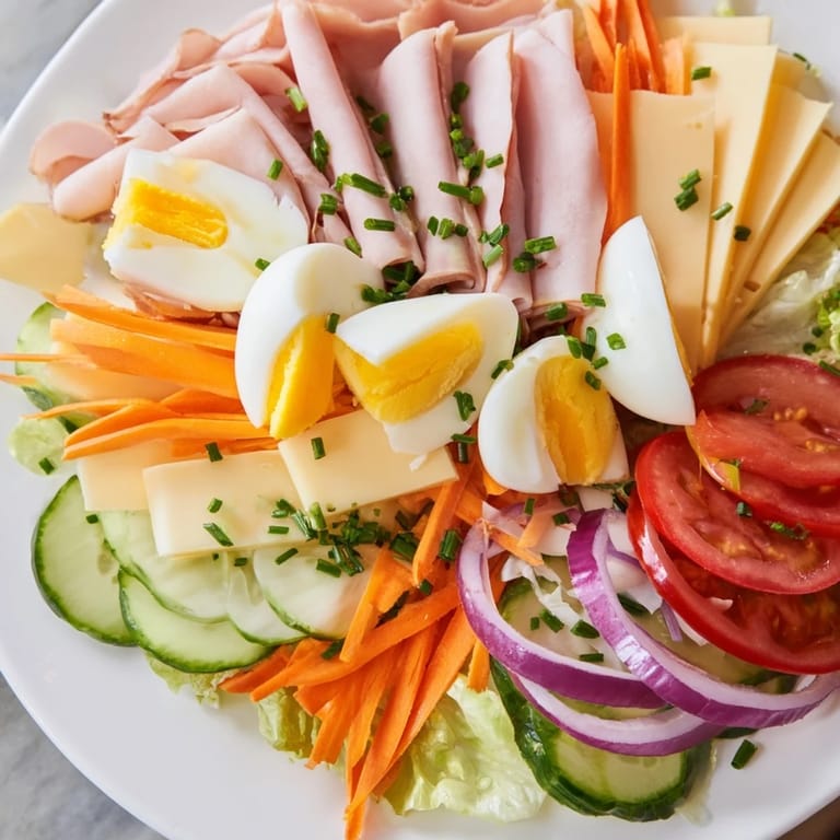 Fresh Chef Salad featuring crisp lettuce, savory meats, and cheese, drizzled with a tangy homemade dressing.