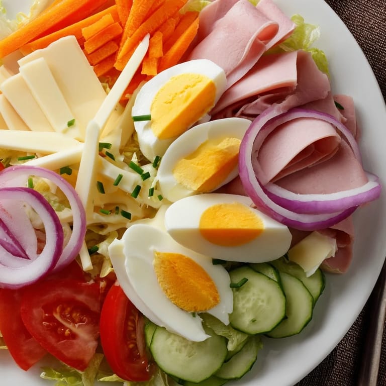 Generous close-up of a classic, fully-loaded Chef Salad: a satisfying American meal bursting with flavor and textures.
