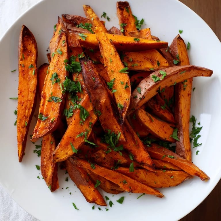 Oven-baked sweet potato fries, seasoned and sizzling, make a perfect side dish or snack.