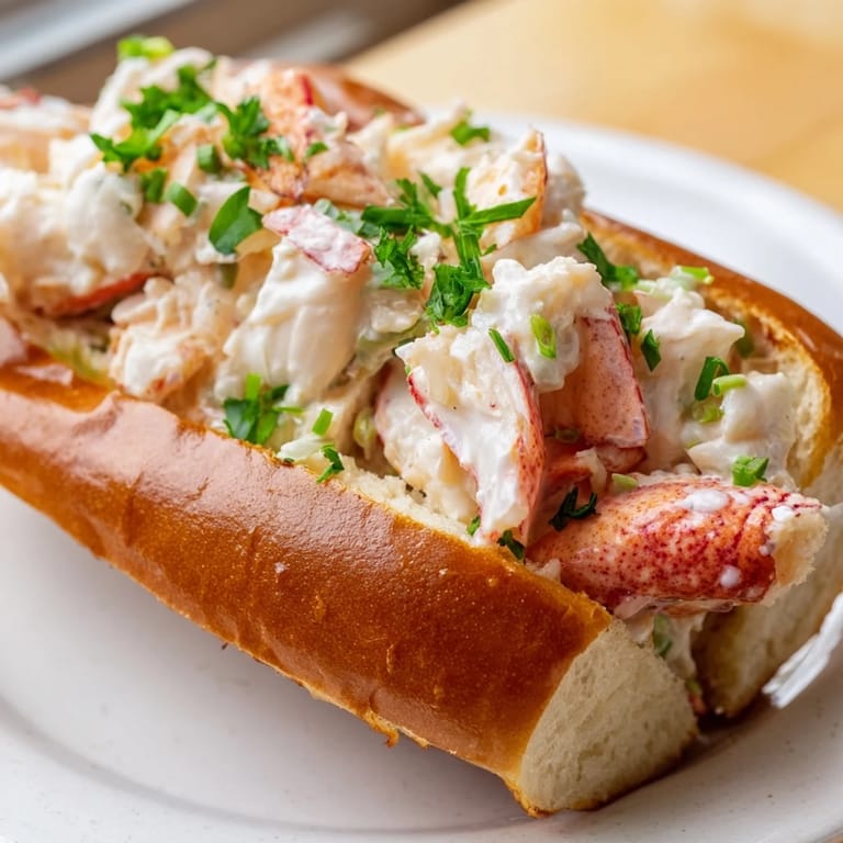 Close-up of a delightful New England Lobster Roll: sweet lobster nestled in a buttery, toasted roll, so tempting.