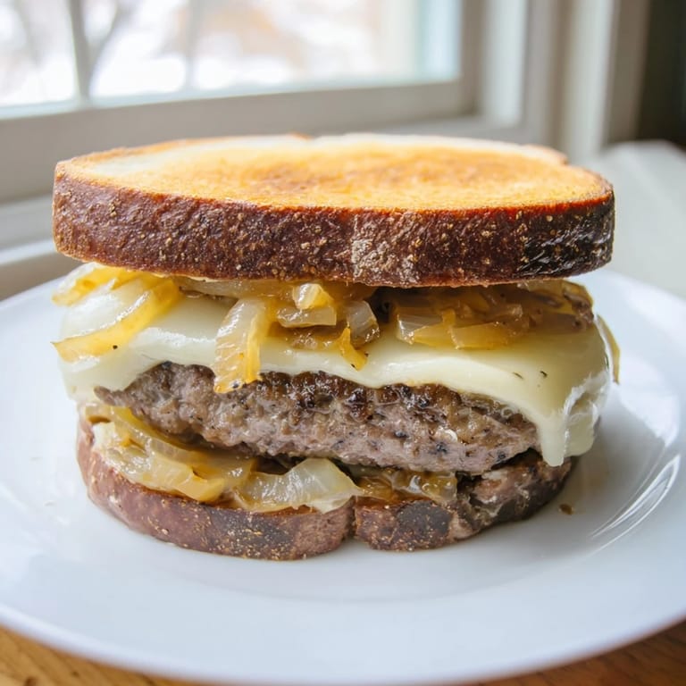 Close-up of a perfectly grilled Patty Melt showing layers of cheese, beef, and sweet onions.