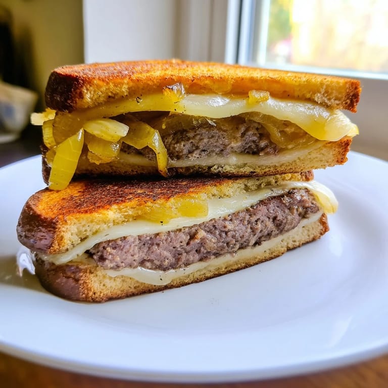 Freshly assembled Patty Melt, ready to eat, with toasted bread and a generous filling of deliciousness.