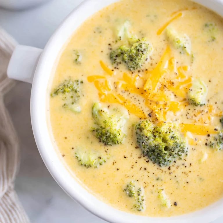 Creamy, vibrant Broccoli Cheese Soup, a homemade American classic, ready and garnished.