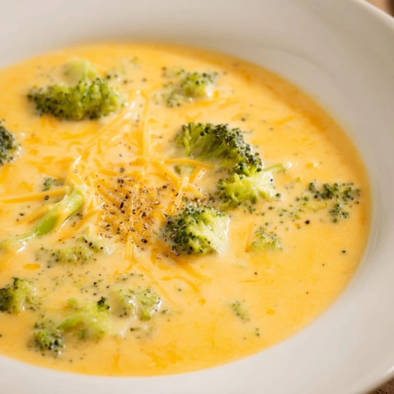 Thick and cheesy Broccoli Cheese Soup, featuring a swirl with visible broccoli florets, ready to be eaten.
