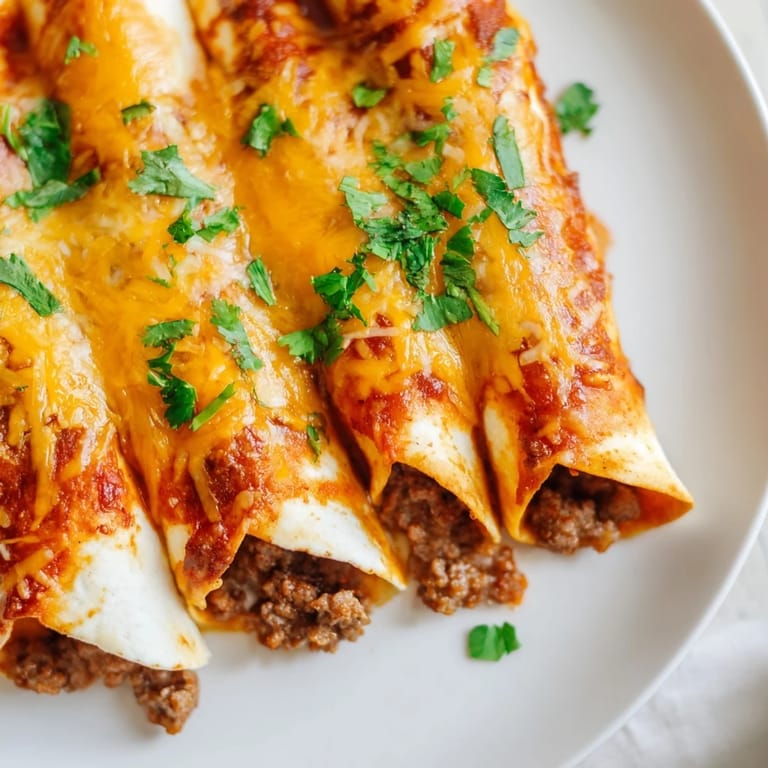 A close-up of steaming Beef Enchiladas, invitingly smothered in red sauce, ready to serve and enjoy.