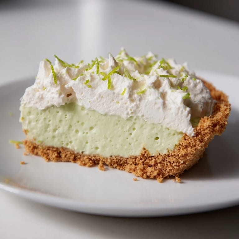 This classic key lime pie, chilled and ready to serve, is an easy American dessert favorite.