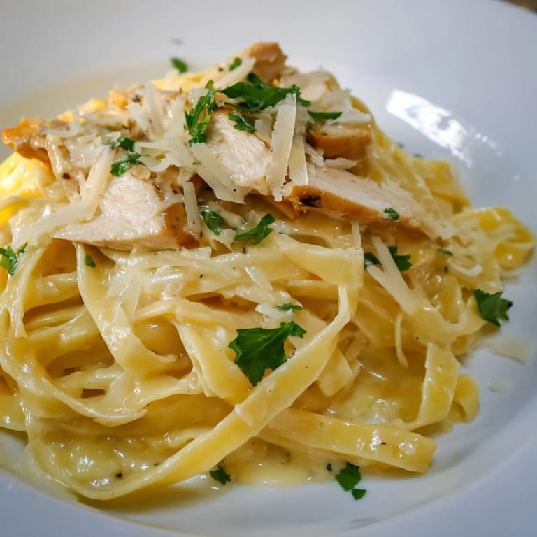 Golden fettuccine Alfredo with optional chicken, invitingly delicious and ready to be enjoyed.
