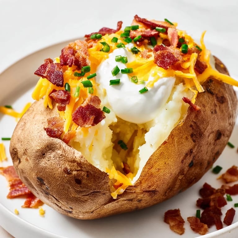 Close-up of a generously filled Loaded Baked Potato, a hearty side with all the fixings.
