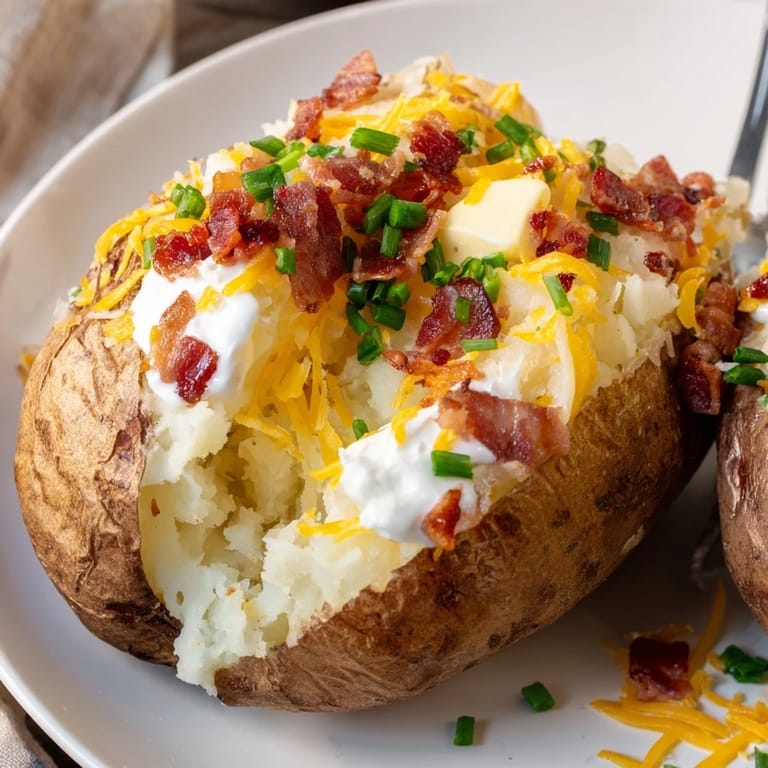 Steaming plate of Loaded Baked Potato with creamy toppings, perfect comfort food, ready to eat.