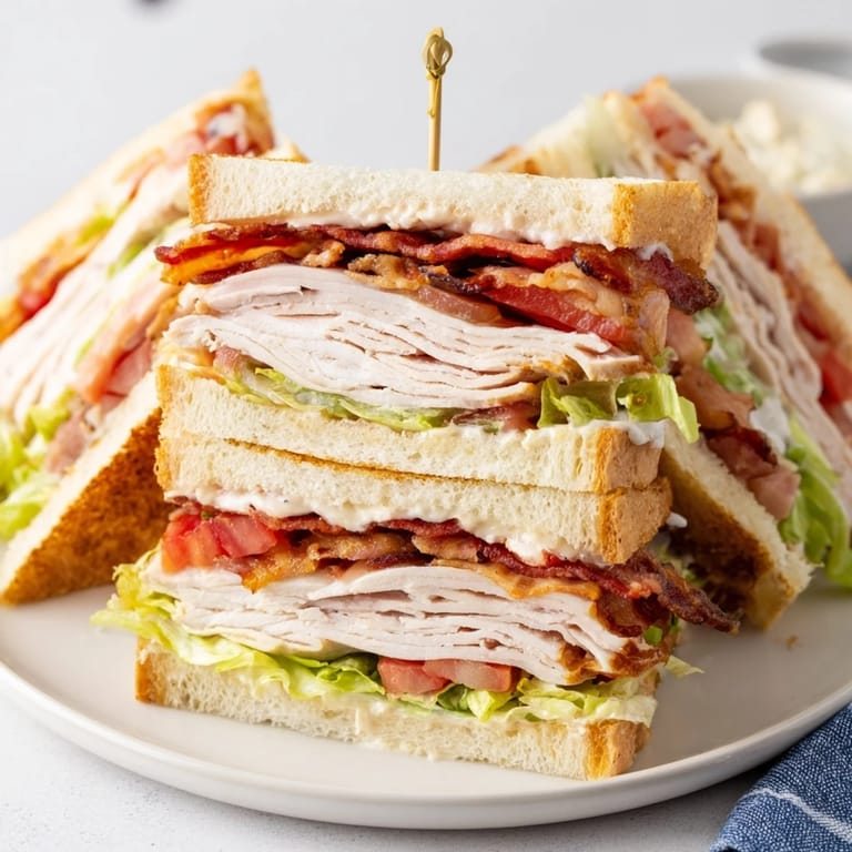 A delicious turkey club sandwich, showing toasted bread, tender turkey, and fresh lettuce filling.