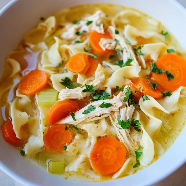 Close-up image of a homemade Chicken Noodle Soup with fresh parsley garnish, ready to enjoy.