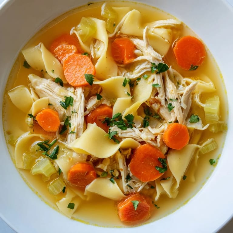Chicken Noodle Soup steaming with visible carrots and celery, a classic comfort food recipe.