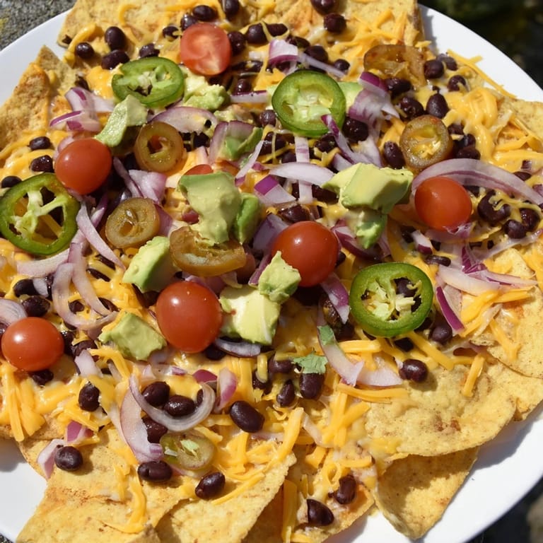 Oven-baked nachos: crispy chips covered with black beans, ground beef, and colorful toppings, ready to eat.