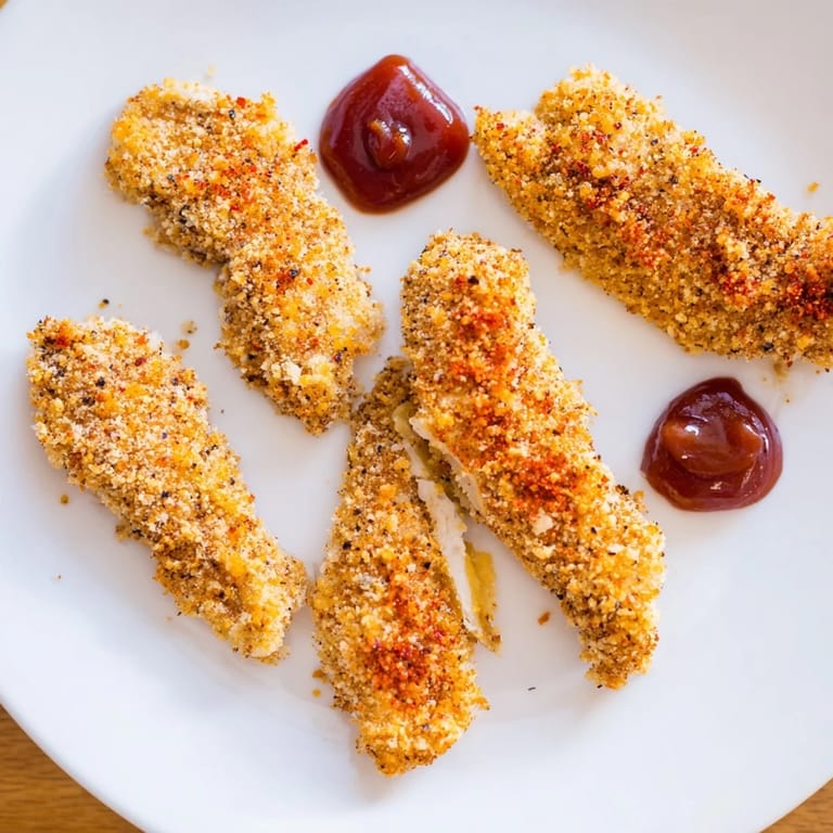 Close-up of freshly cooked chicken tenders, showing the crispy texture before the first bite.
