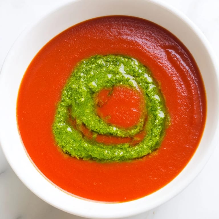 Creamy tomato soup with pesto swirl served alongside crusty bread for dipping and savoring.