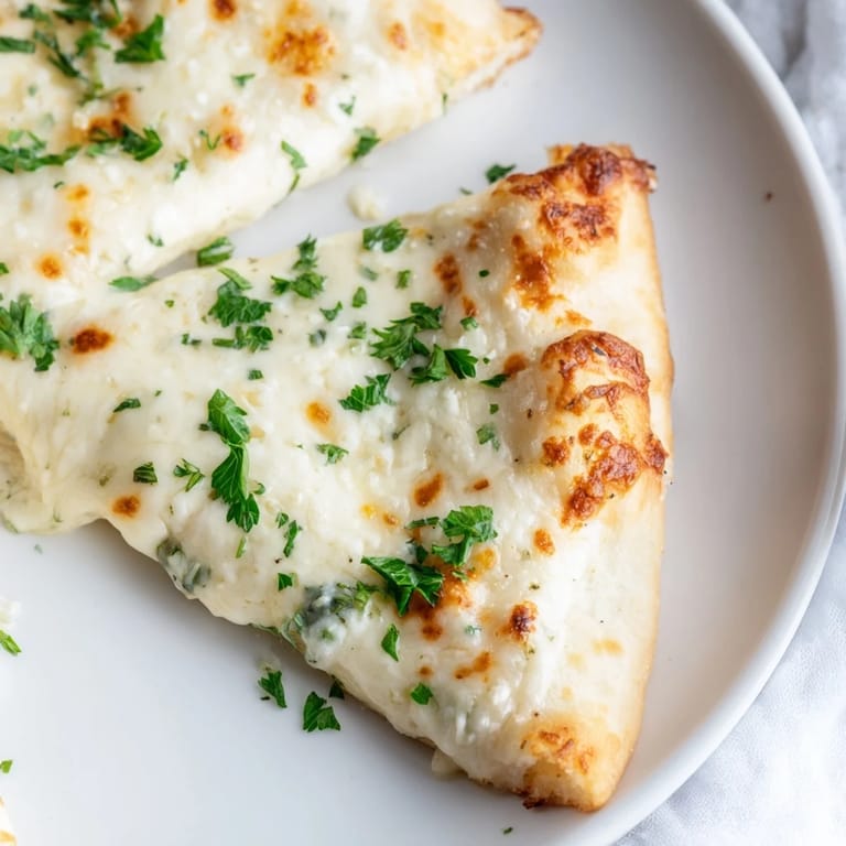 Creamy Garlic White Pizza sliced into wedges, revealing a luscious garlic cream sauce and melted cheese.