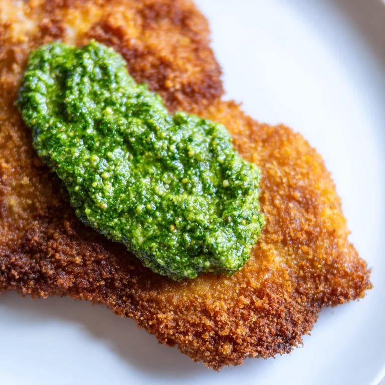A close-up of Crispy Pesto Chicken Cutlets showcasing the crunchy Parmesan and panko breadcrumb coating.