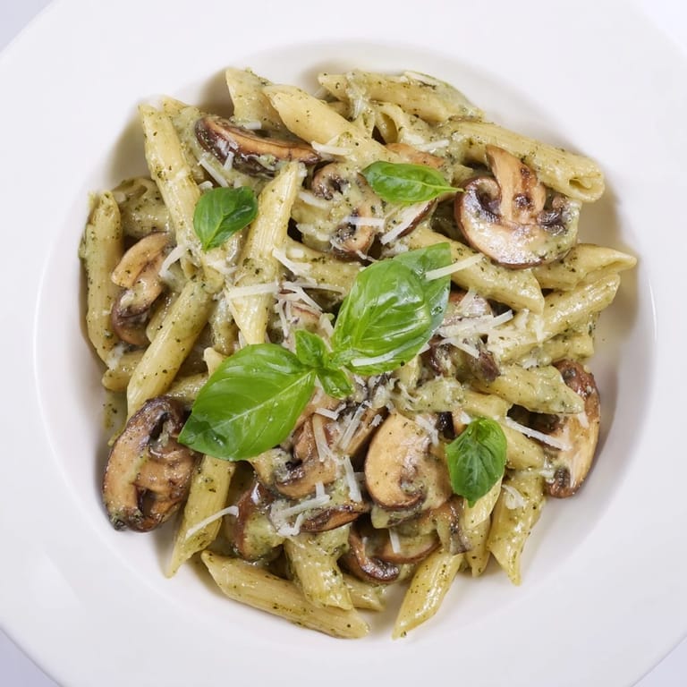 Savory Mushroom Pesto Pasta served hot in a skillet, a perfect quick vegetarian dinner for cozy weeknights or entertaining guests.