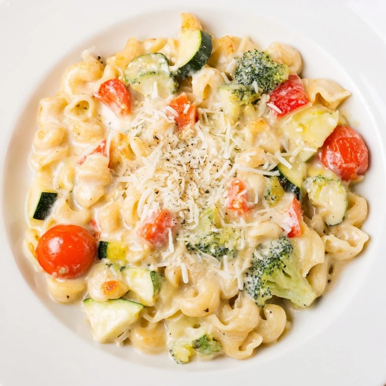 Golden Roasted Veggie Mac & Cheese served in a bowl, featuring caramelized bell peppers and zucchini with melted cheddar.