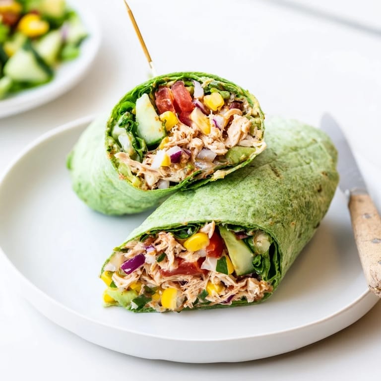 A close-up of a BBQ Chicken Salad Wrap sliced in half to reveal colorful fresh vegetables inside.