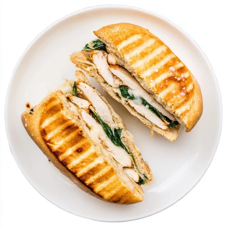 A warm, savory Grilled Chicken Spinach Panini pressed to perfection, served alongside a simple green salad.  