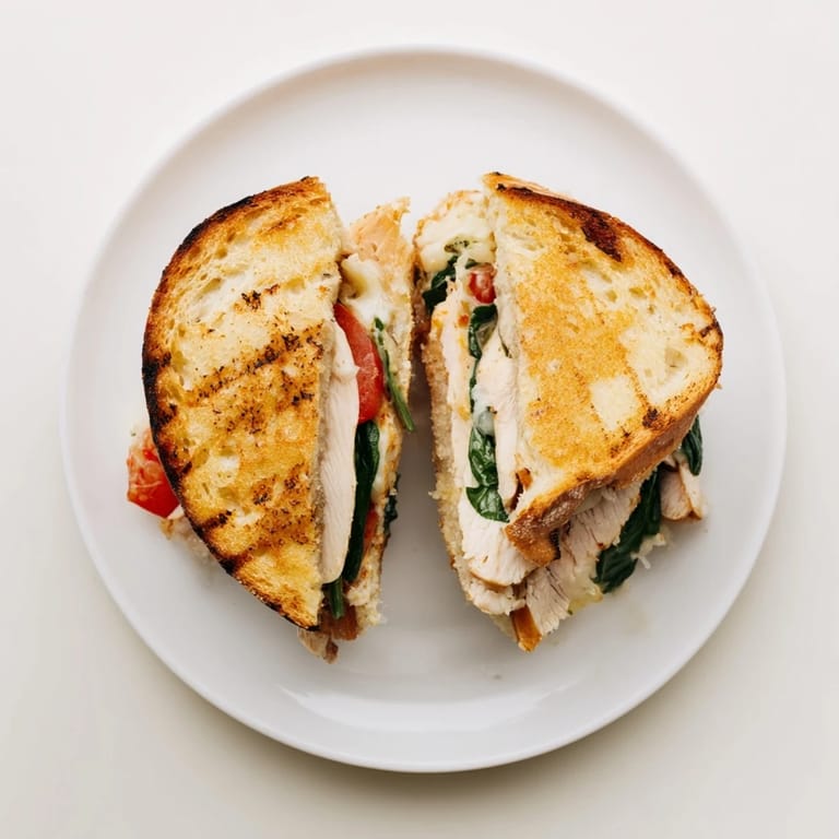 Juicy grilled chicken and garlic butter spread inside a toasted Grilled Chicken Spinach Panini on rustic Italian bread.