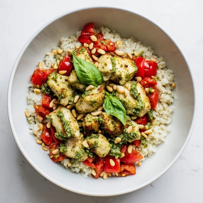 A close-up of the finished Chicken Pesto Rice Bowl, featuring juicy tomato chunks, toasted pine nuts, and a garnish of fresh basil leaves.  