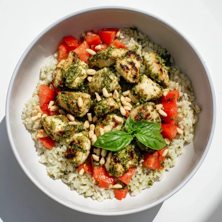 An appetizing serving of Chicken Pesto Rice Bowl, showcasing tender pesto-coated chicken, fluffy white rice, and colorful tomatoes for a complete meal.