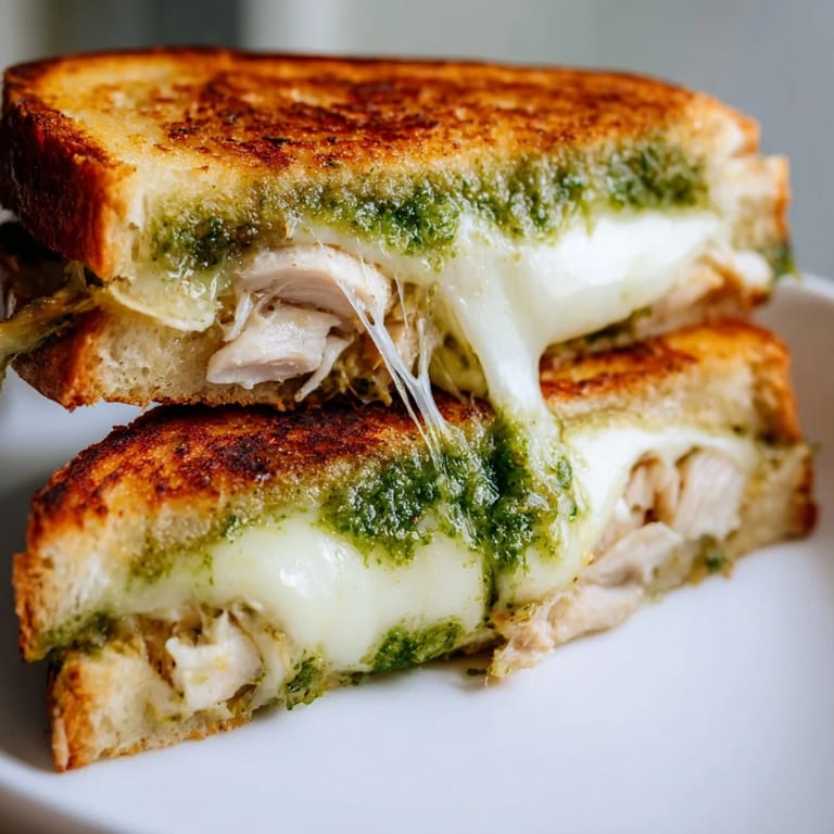 Close-up view of a warm Mozzarella Pesto Chicken Grilled Cheese, featuring gooey mozzarella and juicy shredded chicken filling.
