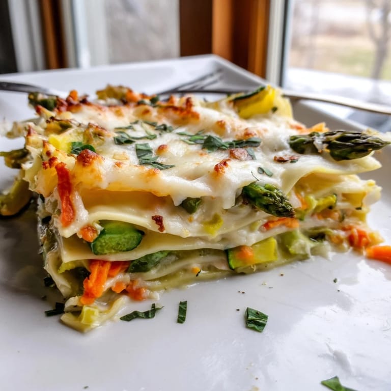 A slice of Spring Veggie Alfredo Lasagna reveals tender zucchini and carrots nestled in rich, cheesy Alfredo sauce.