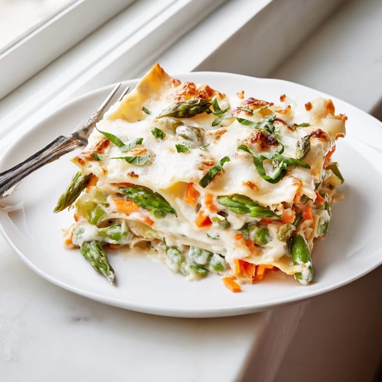 Spring Veggie Alfredo Lasagna garnished with fresh basil, showcasing bubbly Parmesan topping and colorful spring vegetables in every layer.